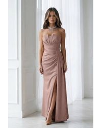 Love Lace - Evening Pleated Strappy Maxi Dress With Slit - Lyst