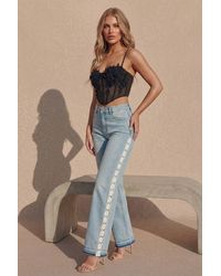 Femme Luxe - Light Wash Lace Side Panel Wide Leg Jeans - Lyst