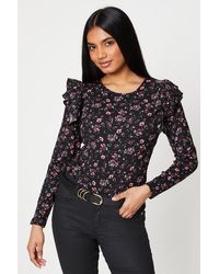 Dorothy Perkins - Petite Double Frill Shoulder Crinkle Jersey Long Sleeve Top - Lyst