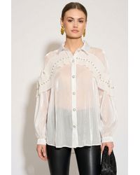 CY - Pleated Ruffles With Multi Dimoned Stone Embellished Sleeves Design Organza Shirt - Lyst