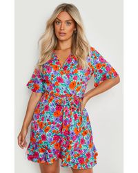 Boohoo - Plus Floral Print Wrap Ruffle Tea Dress - Lyst