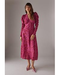 Warehouse - Zebra Print Viscose V Neck Long Puff Sleeve Midi Dress - Lyst