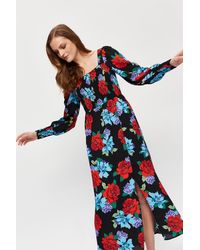 Dorothy Perkins - Red Blue Large Floral Shirred Midaxi Dress - Lyst