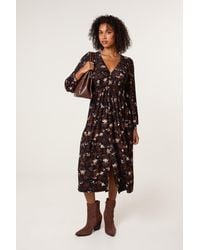 Blue Vanilla - Shirred Waist Long Sleeve V-Neck Midi Dress - Lyst