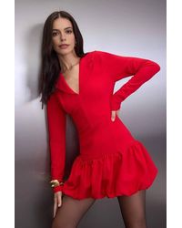 WOVCOR - V Neck Long Sleeve Balloon Skirt Mini Woven Dress W/ Lined Shorts - Lyst