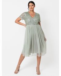 Maya Deluxe - Short Sleeve V Neck Embellished Midi Dress - Lyst
