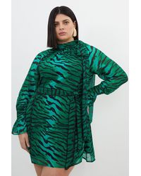 Karen Millen - Plus Size Wild Tiger Print Georgette Woven Belted Mini Dress - Lyst