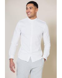 Nines - Linen Blend Long Sleeve Button-up Shirt With Grandad Collar - Lyst