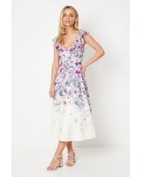 Coast - Petite Ruffle Shoulder Cotton Midi Dress In Floral Print - Lyst
