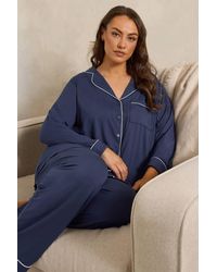 Evans - Premium Tipped Long Sleeve Wide Leg Trousers Pyjama Set - Lyst
