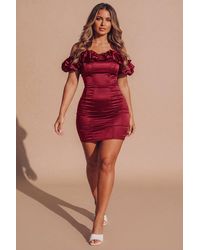 Femme Luxe - Satin Bardot Off-The Shoulder Bodycon Mini Dress - Lyst