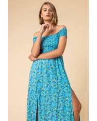 Roman - Shirred Ditsy Floral Print Bardot Dress - Lyst