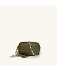 Apatchy London - The Mini Tassel Olive Green Leather Phone Bag With Gold Chain Crossbody Strap - Lyst
