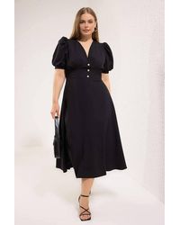 WOVCOR - V-Neck Puff Sleeve Button Detail Midi Dress - Lyst