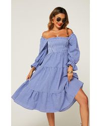 FS Collection - Bardot Puff Frill Sleeve Elasticated Detail Midi Dress In Blue - Lyst