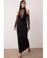 WOVCOR - Deep Cowl Neck Maxi Evening Dress W/ Lace Detail - Lyst