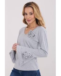 Love Lace - Elegant Cotton V Neck Bell Sleeve Blouse - Lyst