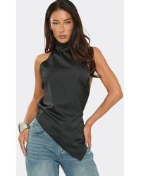 EGO - Asymmetric Sleeveless High Neck Open Tie Back Satin Top - Lyst