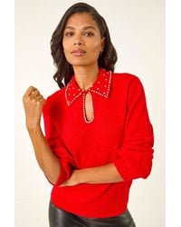 Roman - Faux Pearl Collared Keyhole Knit Jumper - Lyst