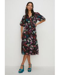 Oasis - Painted Floral Wrap Organza Midi Dress - Lyst
