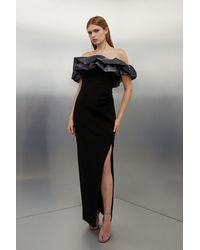 Karen Millen - Tailored Metallic Off Shoulder Drape Detail Side Split Pencil Dress - Lyst