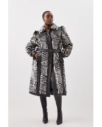 Karen Millen - Plus Size Faux Fur Pu Panelled Stripe Belted Coat - Lyst