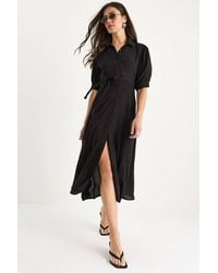 Bianco Lucci - Button Closure Midi Dress With Shirt Collar - Lyst