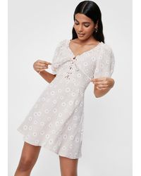 Nasty Gal - Floral Lace Up Puff Sleeve Mini Dress - Lyst
