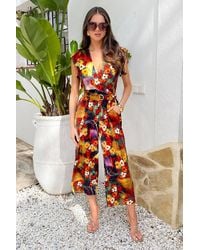 AX Paris - Multi Floral Print Wrap Top Flutter Sleeve Belted Jumpsuit - Lyst