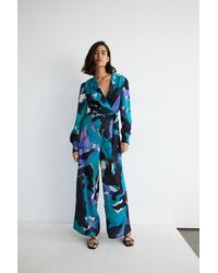 Warehouse - Abstract Print Wrap Front Wide Leg Jumpsuit - Lyst