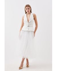 Karen Millen - Tailored Tweed Detail Belted Tulle Skirt Belted Midi Dress - Lyst