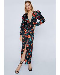 Nasty Gal - Large Floral Print Satin Puff Sleeve Maxi Dress - Lyst