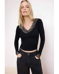 WOVCOR - V Neck Lace Detail Fitted Soft Knit Blouse W/ Long Sleeves - Lyst