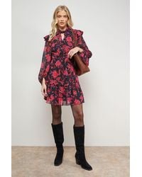 Oasis - Printed Ruched High Neck Mini Fit And Flare Dress - Lyst