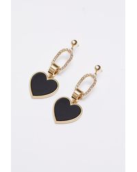 Mood - Gold Black Enamel And Crystal Heart Link Drop Earrings - Lyst