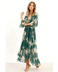 Yumi' - Urban Green Floral Print Kimono Midi Wrap Dress - Lyst