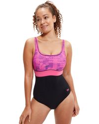 Speedo - Shaping Contour Eclipse Printed Swimsuit - Black/pink - Lyst