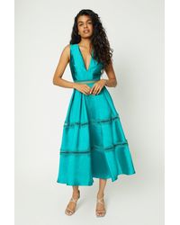 Coast - Petite Plunge Neck Twill Midi Dress With Lace Trims - Lyst