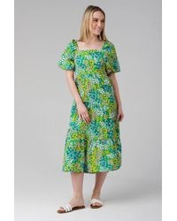 Influence - Floral Puff Short Sleeve Square Neck Elasticated Midi Dress - Lyst