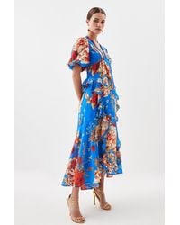 Karen Millen - Petite Graphic Lace Trim Floral Woven Plunge Maxi Dress - Lyst