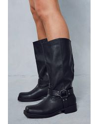 MissPap - Leather Look Square Toe Buckle Knee High Boots - Lyst