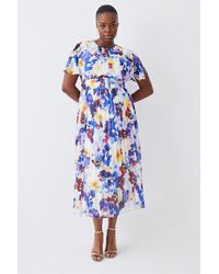 Karen Millen - Plus Size Floral Georgette Pleated Belted Woven Midi Dress - Lyst
