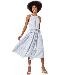 Roman - Tiered Cotton Halter Neck Stripe Dress - Lyst