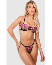 Boohoo - Floral Embroidered Balcony Bra And Thong Set - Lyst