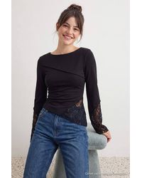 WOVCOR - Boat Neck Spanish Sleeve Lace Detail Fitted Blouse - Lyst