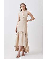 Karen Millen - Herringbone Linen Cut Away Midi Dress - Lyst