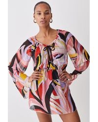 Karen Millen - Abstract 60s Colourblock Silk Viscose Mini Beach Dress - Lyst