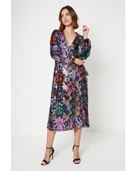 Oasis - Floral Sequin Wrap Midi Dress - Lyst