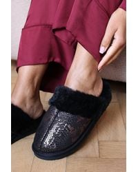 Where's That From - 'Qexira' Snake Print Mule Slipper With Faux Fur Trim - Lyst