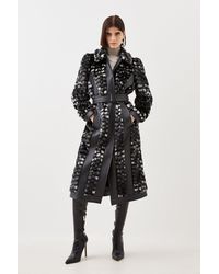 Karen Millen - Petite Faux Fur Pu Panelled Abstract Belted Coat - Lyst